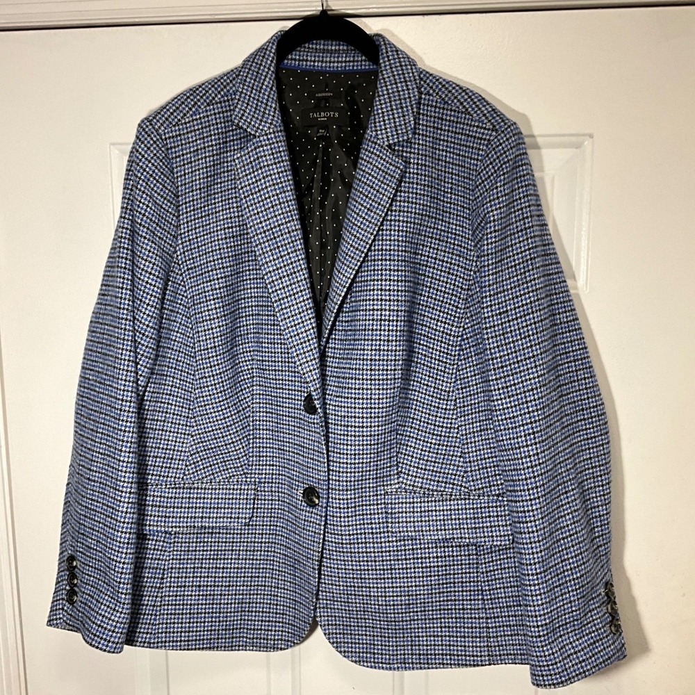 Talbots Aberdeen Woman Blue Houndstooth Blazer Jacket Size 16W Polka Dot Lining